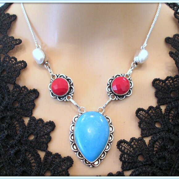 Turquoise natural gemstone coral pearl  ladies 925 silver Necklace - Picture 4 of 5